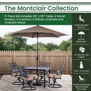Hanover - Montclair 5pc: 4 Swivel Rockers, 40" Square Dining Table, Umbrella & Base - Tan/Brown-United Backyard