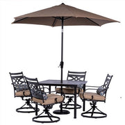 Hanover - Montclair 5pc: 4 Swivel Rockers, 40" Square Dining Table, Umbrella & Base - Tan/Brown-United Backyard