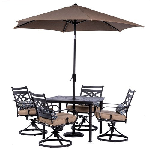 Hanover - Montclair 5pc: 4 Swivel Rockers, 40" Square Dining Table, Umbrella & Base - Tan/Brown-United Backyard