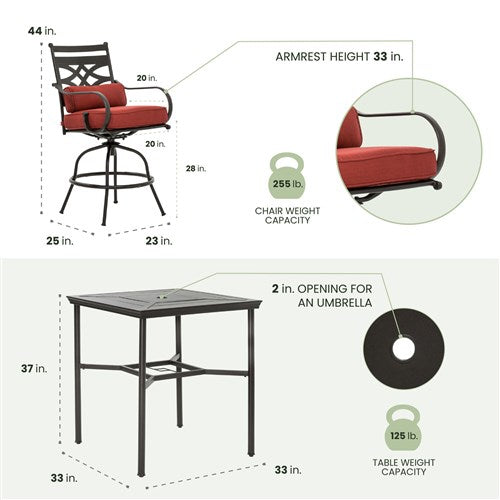 Hanover - Montclair 5pc High Dining: 4 Swivel Chairs, 33" Square High Dining Table - Chili Red/Brown-United Backyard