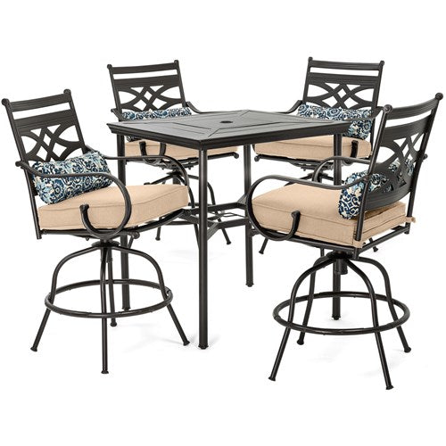 Hanover - Montclair 5pc High Dining: 4 Swivel Chairs, 33" Square High Dining Table - Tan/Brown-United Backyard