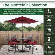 Hanover - Montclair 5pc High Dining: 4 Swivel Chairs, 33" Square High Table, Umbrella & Base - Chili Red/Brown-United Backyard