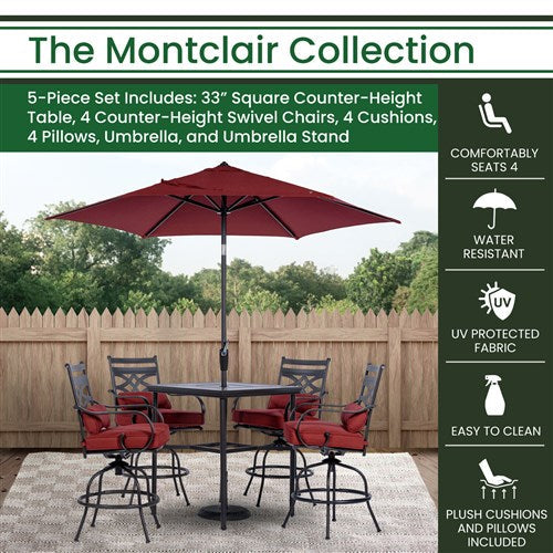 Hanover - Montclair 5pc High Dining: 4 Swivel Chairs, 33" Square High Table, Umbrella & Base - Chili Red/Brown-United Backyard