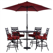 Hanover - Montclair 5pc High Dining: 4 Swivel Chairs, 33" Square High Table, Umbrella & Base - Chili Red/Brown-United Backyard