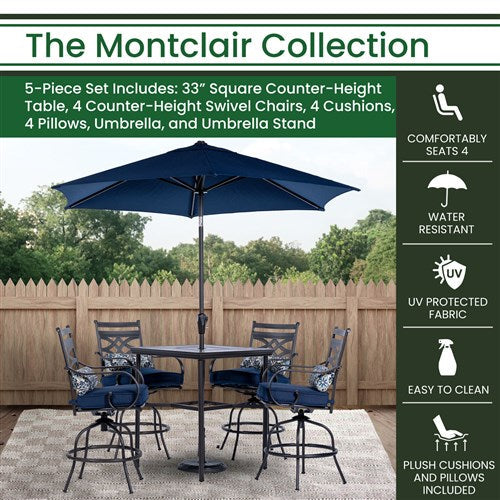 Hanover - Montclair 5pc High Dining: 4 Swivel Chairs, 33" Square High Table, Umbrella & Base - Navy/Brown-United Backyard