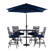 Hanover - Montclair 5pc High Dining: 4 Swivel Chairs, 33" Square High Table, Umbrella & Base - Navy/Brown-United Backyard