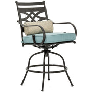 Hanover - Montclair 5pc High Dining: 4 Swivel Chairs, 33" Square High Table, Umbrella & Base - Ocean Blue/Brown-United Backyard