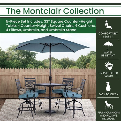 Hanover - Montclair 5pc High Dining: 4 Swivel Chairs, 33" Square High Table, Umbrella & Base - Ocean Blue/Brown-United Backyard
