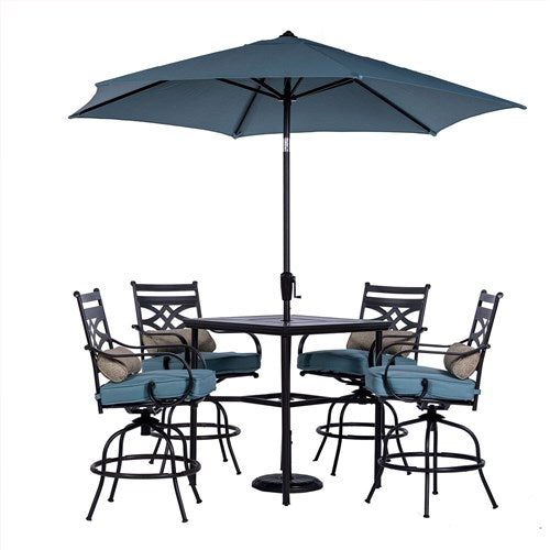 Hanover - Montclair 5pc High Dining: 4 Swivel Chairs, 33" Square High Table, Umbrella & Base - Ocean Blue/Brown-United Backyard