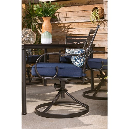 Hanover - Montclair 7pc: 6 Swivel Rockers, 40x66" Dining Table - Navy/Brown-United Backyard
