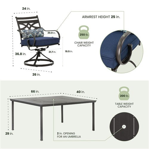 Hanover - Montclair 7pc: 6 Swivel Rockers, 40x66" Dining Table - Navy/Brown-United Backyard