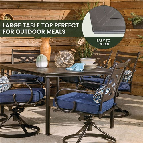 Hanover - Montclair 7pc: 6 Swivel Rockers, 40x66" Dining Table - Navy/Brown-United Backyard