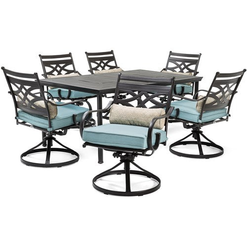 Hanover - Montclair 7pc: 6 Swivel Rockers, 40x66" Dining Table - Ocean Blue/Brown-United Backyard