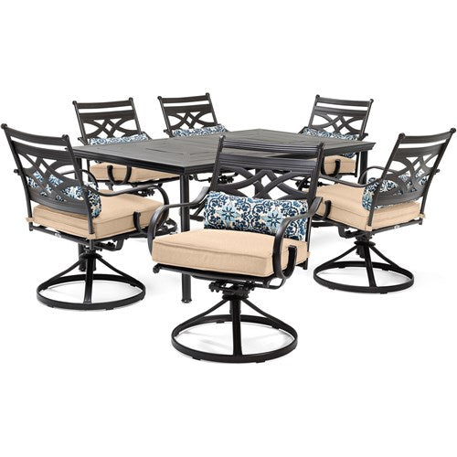 Hanover - Montclair 7pc: 6 Swivel Rockers, 40x66" Dining Table - Tan/Brown-United Backyard