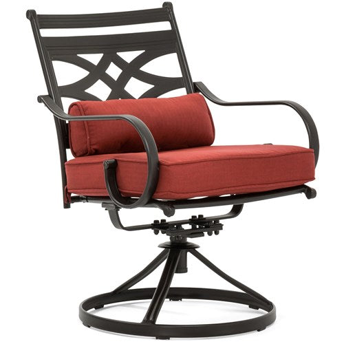 Hanover - Montclair 7pc: 6 Swivel Rockers, 40x66" Dining Table, Umbrella & Base - Chili Red/Brown-United Backyard