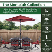 Hanover - Montclair 7pc: 6 Swivel Rockers, 40x66" Dining Table, Umbrella & Base - Chili Red/Brown-United Backyard