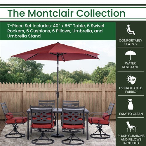 Hanover - Montclair 7pc: 6 Swivel Rockers, 40x66" Dining Table, Umbrella & Base - Chili Red/Brown-United Backyard