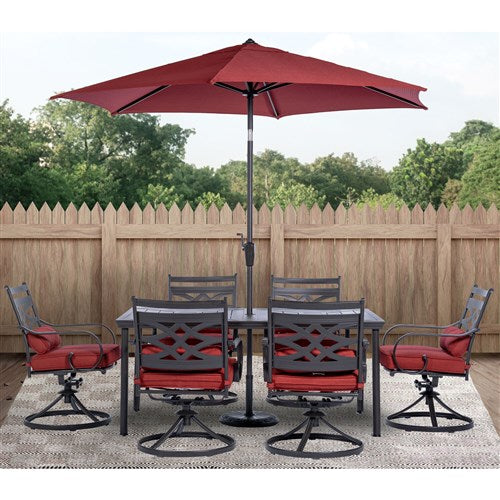 Hanover - Montclair 7pc: 6 Swivel Rockers, 40x66" Dining Table, Umbrella & Base - Chili Red/Brown-United Backyard
