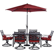Hanover - Montclair 7pc: 6 Swivel Rockers, 40x66" Dining Table, Umbrella & Base - Chili Red/Brown-United Backyard