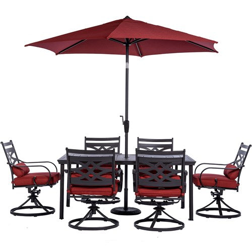 Hanover - Montclair 7pc: 6 Swivel Rockers, 40x66" Dining Table, Umbrella & Base - Chili Red/Brown-United Backyard