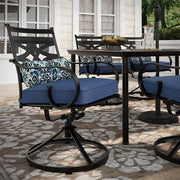 Hanover - Montclair 7pc: 6 Swivel Rockers, 40x66" Dining Table, Umbrella & Base - Navy/Brown-United Backyard