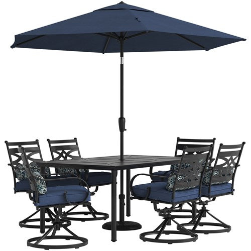 Hanover - Montclair 7pc: 6 Swivel Rockers, 40x66" Dining Table, Umbrella & Base - Navy/Brown-United Backyard
