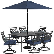 Hanover - Montclair 7pc: 6 Swivel Rockers, 40x66" Dining Table, Umbrella & Base - Navy/Brown-United Backyard