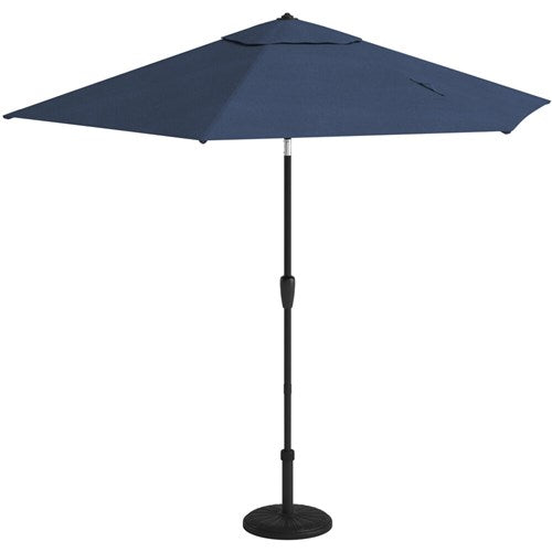 Hanover - Montclair 7pc: 6 Swivel Rockers, 40x66" Dining Table, Umbrella & Base - Navy/Brown-United Backyard