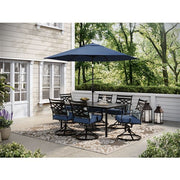 Hanover - Montclair 7pc: 6 Swivel Rockers, 40x66" Dining Table, Umbrella & Base - Navy/Brown-United Backyard