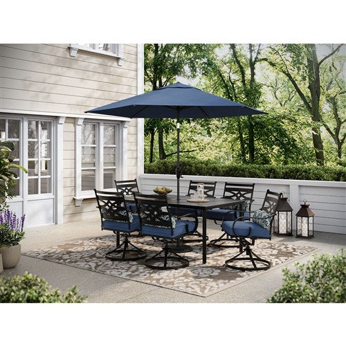 Hanover - Montclair 7pc: 6 Swivel Rockers, 40x66" Dining Table, Umbrella & Base - Navy/Brown-United Backyard