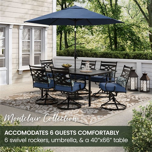Hanover - Montclair 7pc: 6 Swivel Rockers, 40x66" Dining Table, Umbrella & Base - Navy/Brown-United Backyard
