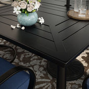 Hanover - Montclair 7pc: 6 Swivel Rockers, 40x66" Dining Table, Umbrella & Base - Navy/Brown-United Backyard