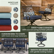 Hanover - Montclair 7pc: 6 Swivel Rockers, 40x66" Dining Table, Umbrella & Base - Navy/Brown-United Backyard