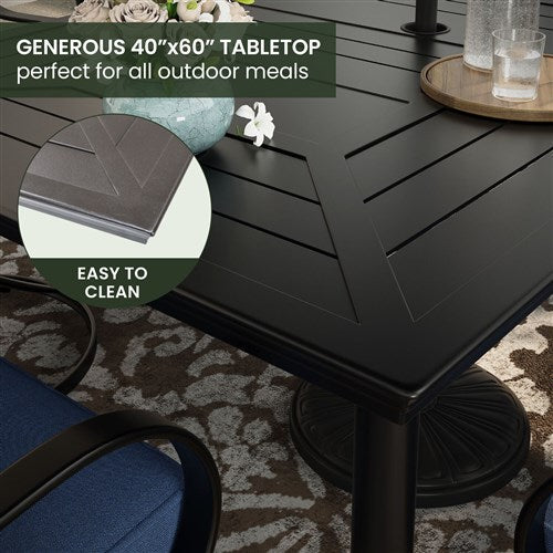 Hanover - Montclair 7pc: 6 Swivel Rockers, 40x66" Dining Table, Umbrella & Base - Navy/Brown-United Backyard