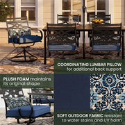 Hanover - Montclair 7pc: 6 Swivel Rockers, 40x66" Dining Table, Umbrella & Base - Navy/Brown-United Backyard