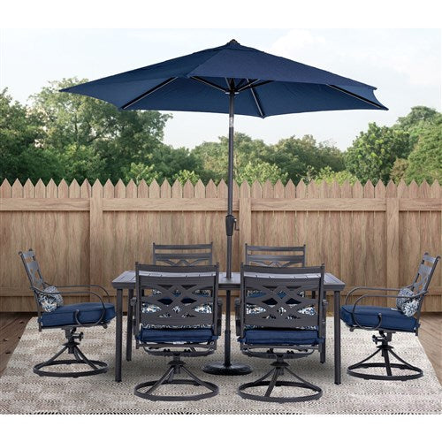 Hanover - Montclair 7pc: 6 Swivel Rockers, 40x66" Dining Table, Umbrella & Base - Navy/Brown-United Backyard