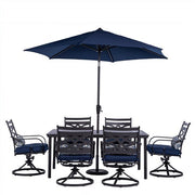 Hanover - Montclair 7pc: 6 Swivel Rockers, 40x66" Dining Table, Umbrella & Base - Navy/Brown-United Backyard