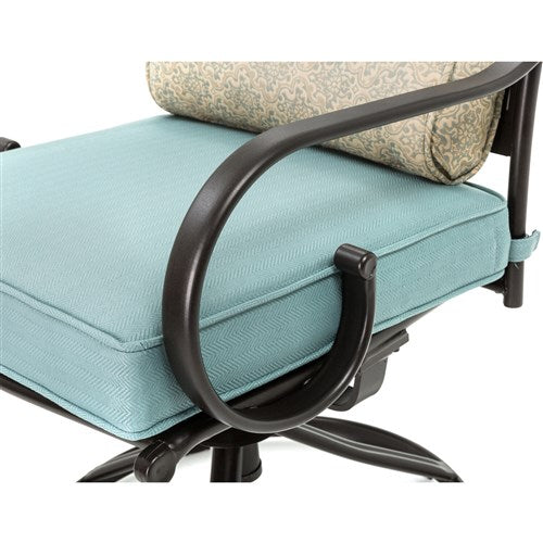 Hanover - Montclair 7pc: 6 Swivel Rockers, 40x66" Dining Table, Umbrella & Base - Ocean Blue/Brown-United Backyard