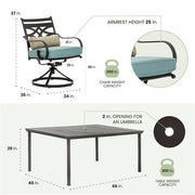 Hanover - Montclair 7pc: 6 Swivel Rockers, 40x66" Dining Table, Umbrella & Base - Ocean Blue/Brown-United Backyard