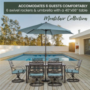 Hanover - Montclair 7pc: 6 Swivel Rockers, 40x66" Dining Table, Umbrella & Base - Ocean Blue/Brown-United Backyard