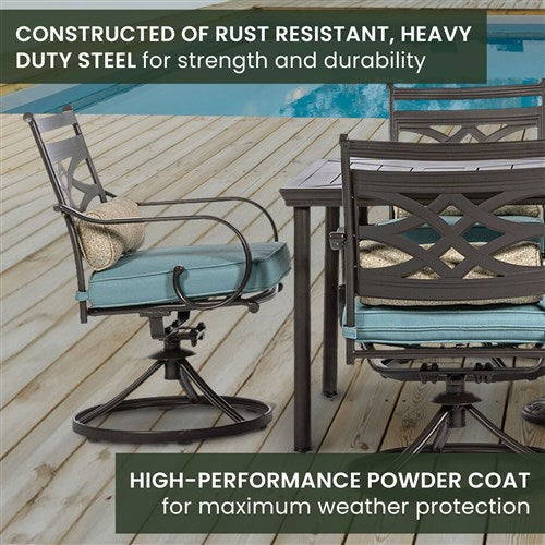 Hanover - Montclair 7pc: 6 Swivel Rockers, 40x66" Dining Table, Umbrella & Base - Ocean Blue/Brown-United Backyard