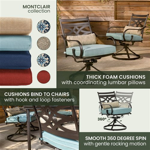 Hanover - Montclair 7pc: 6 Swivel Rockers, 40x66" Dining Table, Umbrella & Base - Ocean Blue/Brown-United Backyard
