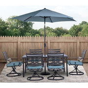 Hanover - Montclair 7pc: 6 Swivel Rockers, 40x66" Dining Table, Umbrella & Base - Ocean Blue/Brown-United Backyard