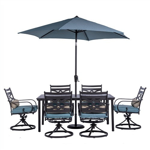 Hanover - Montclair 7pc: 6 Swivel Rockers, 40x66" Dining Table, Umbrella & Base - Ocean Blue/Brown-United Backyard