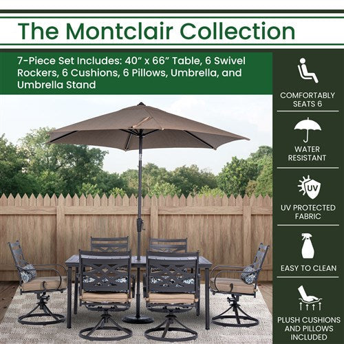 Hanover - Montclair 7pc: 6 Swivel Rockers, 40x66" Dining Table, Umbrella & Base - Tan/Brown-United Backyard