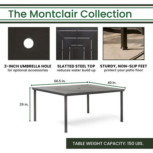 Hanover - Montclair 7pc: 6 Swivel Rockers, 40x66" Dining Table, Umbrella & Base - Tan/Brown-United Backyard