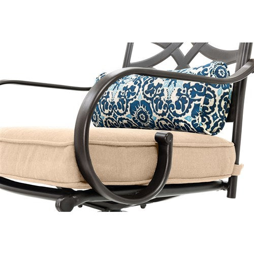 Hanover - Montclair 7pc: 6 Swivel Rockers, 40x66" Dining Table, Umbrella & Base - Tan/Brown-United Backyard