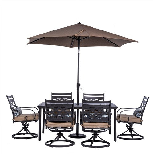 Hanover - Montclair 7pc: 6 Swivel Rockers, 40x66" Dining Table, Umbrella & Base - Tan/Brown-United Backyard