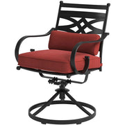 Hanover - Montclair 9pc: 8 Swivel Rockers, 42"x84" Dining Table, Umbrella, Base - Chili Red/Brown-United Backyard