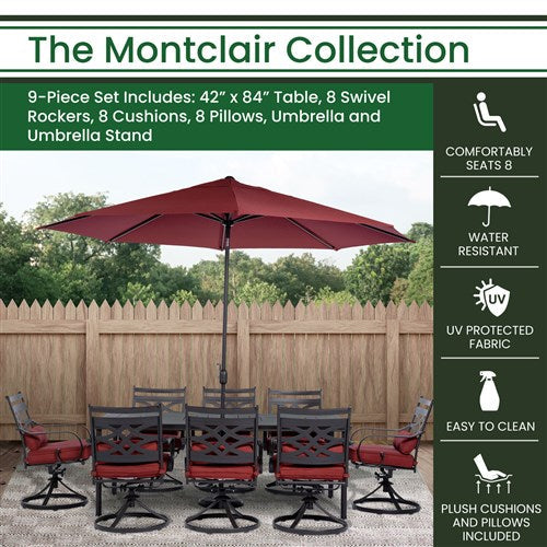 Hanover - Montclair 9pc: 8 Swivel Rockers, 42"x84" Dining Table, Umbrella, Base - Chili Red/Brown-United Backyard